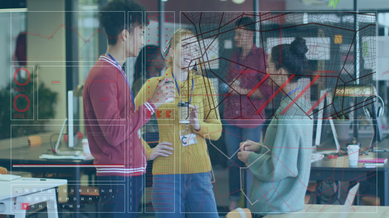 Diverse colleagues discussing in office with digital network data overlay animation