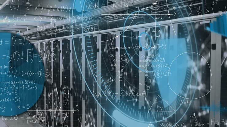 Animation of processing circle and math formulas over servers