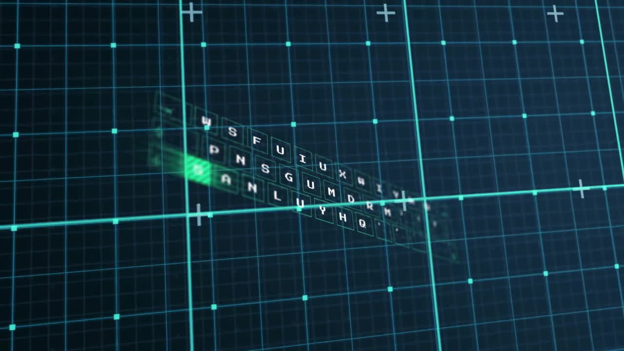 Animation of financial data processing over dark background