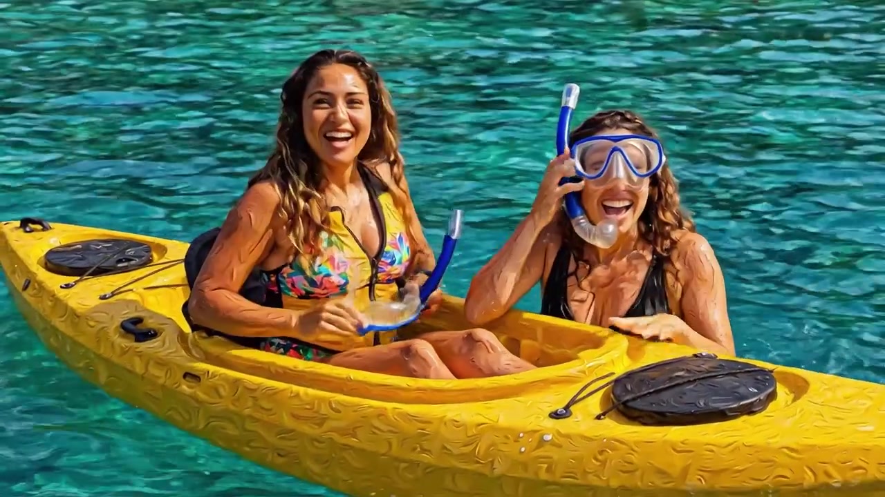 Due amici si godono una giornata di sole facendo kayak e snorkeling in acque limpide e turchesi, catturando momenti di gioia in mezzo a un paradiso tropicale e una vivace vita marina.