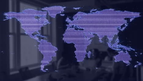 Animation-of-glitch-effect-over-world-map-against-empty-office