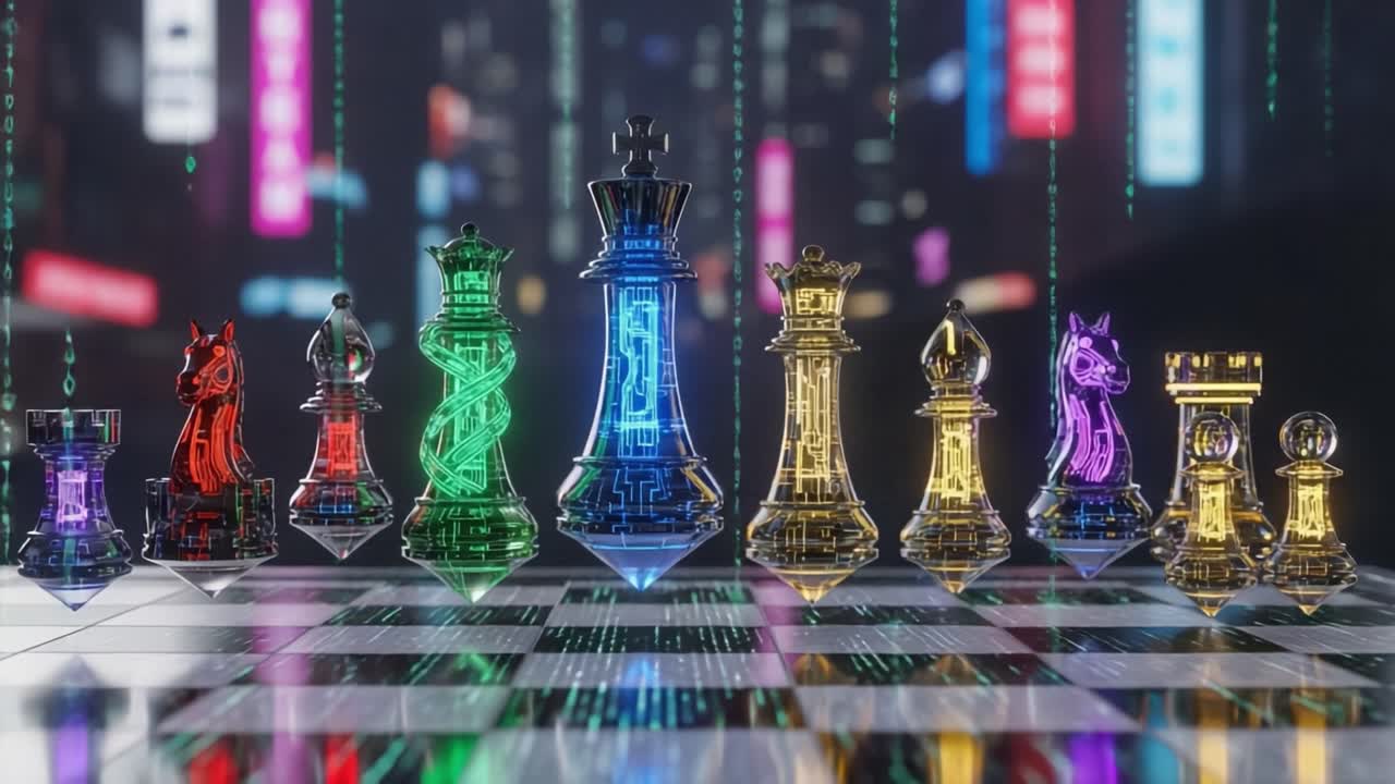 Una partita a scacchi futuristica: pezzi degli scacchi color neon in un mondo cibernetico, circondato da elementi estetici digitali che rappresentano strategia e complessità