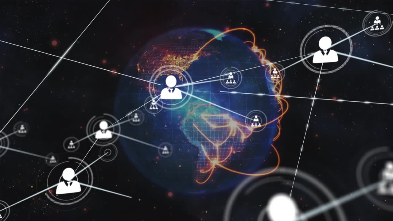 animación de iconos conectados con líneas sobre líneas en el globo contra el espacio en el fondo