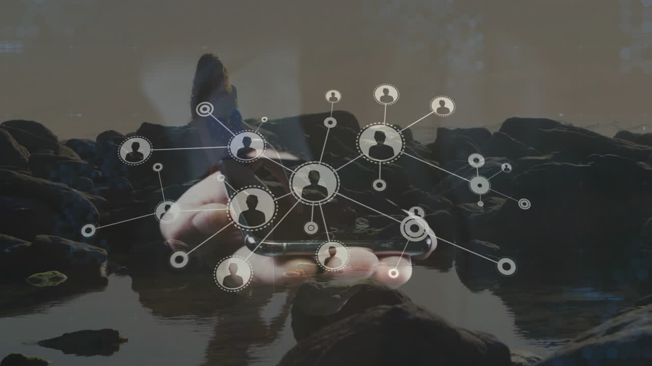 Network of connections and data processing animation over landscape with rocks