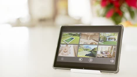 close up of a tablet with home security camera views seen on screen