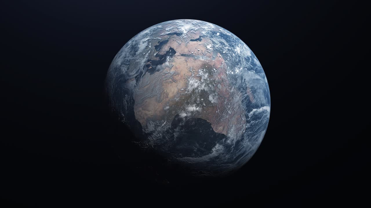 tierra ultra realista en el espacio girando y alejándose, estrellas en el fondo. zoom lento