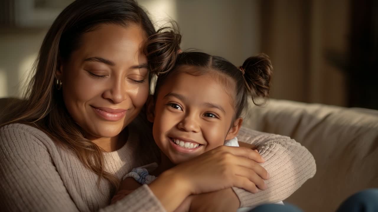 Opening with mother wearing beige sweater wrapping arms around daughter on home couch, sharing bond