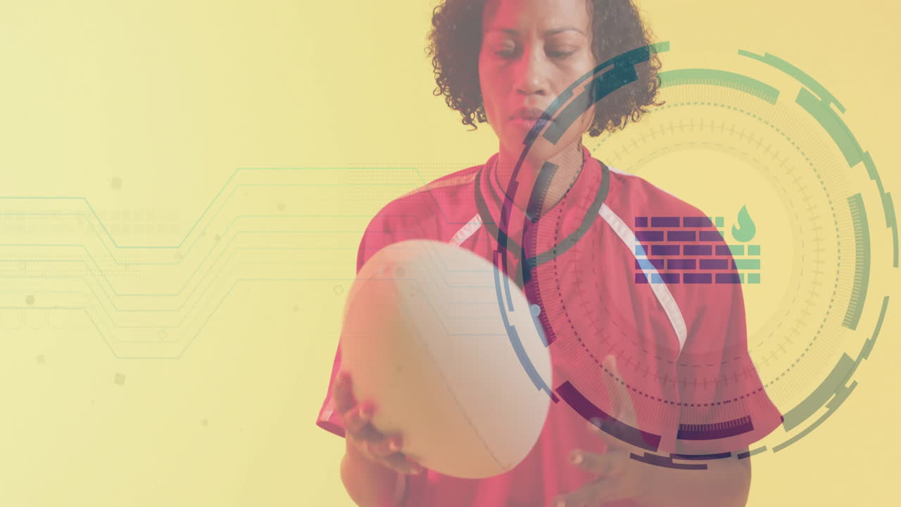 Holding volleyball, person in red jersey with animation of digital network graphics