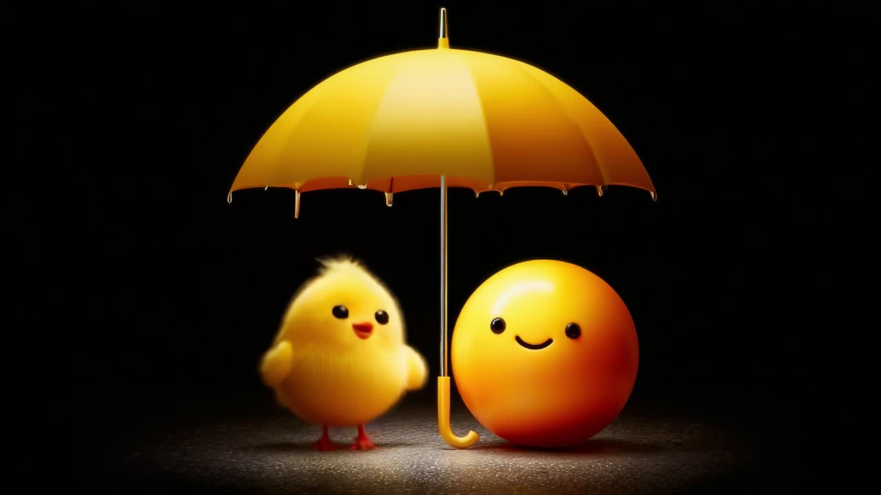 A cheerful yellow umbrella shelters a cute chick and a smiling orange ball, creating a warm and friendly atmosphere in a playful and whimsical scene full of joy