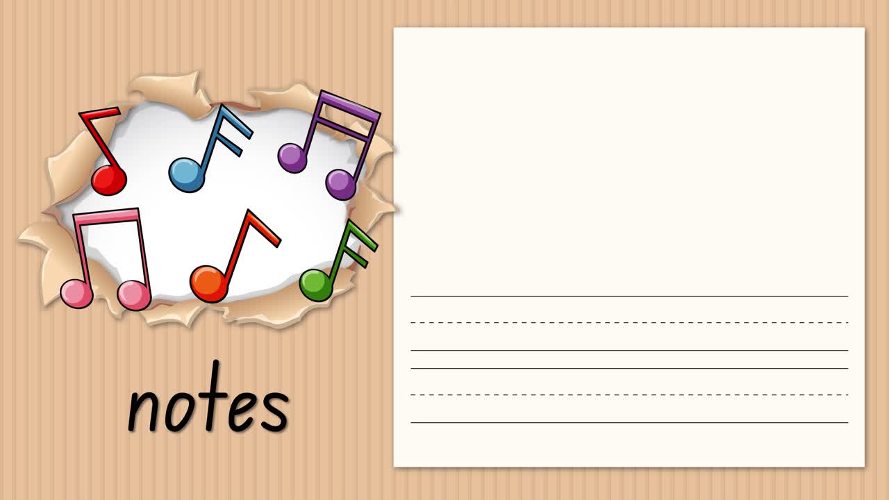 Vídeo educacional animado demonstra a escrita da letra N ao lado de notas musicais coloridas em papel.