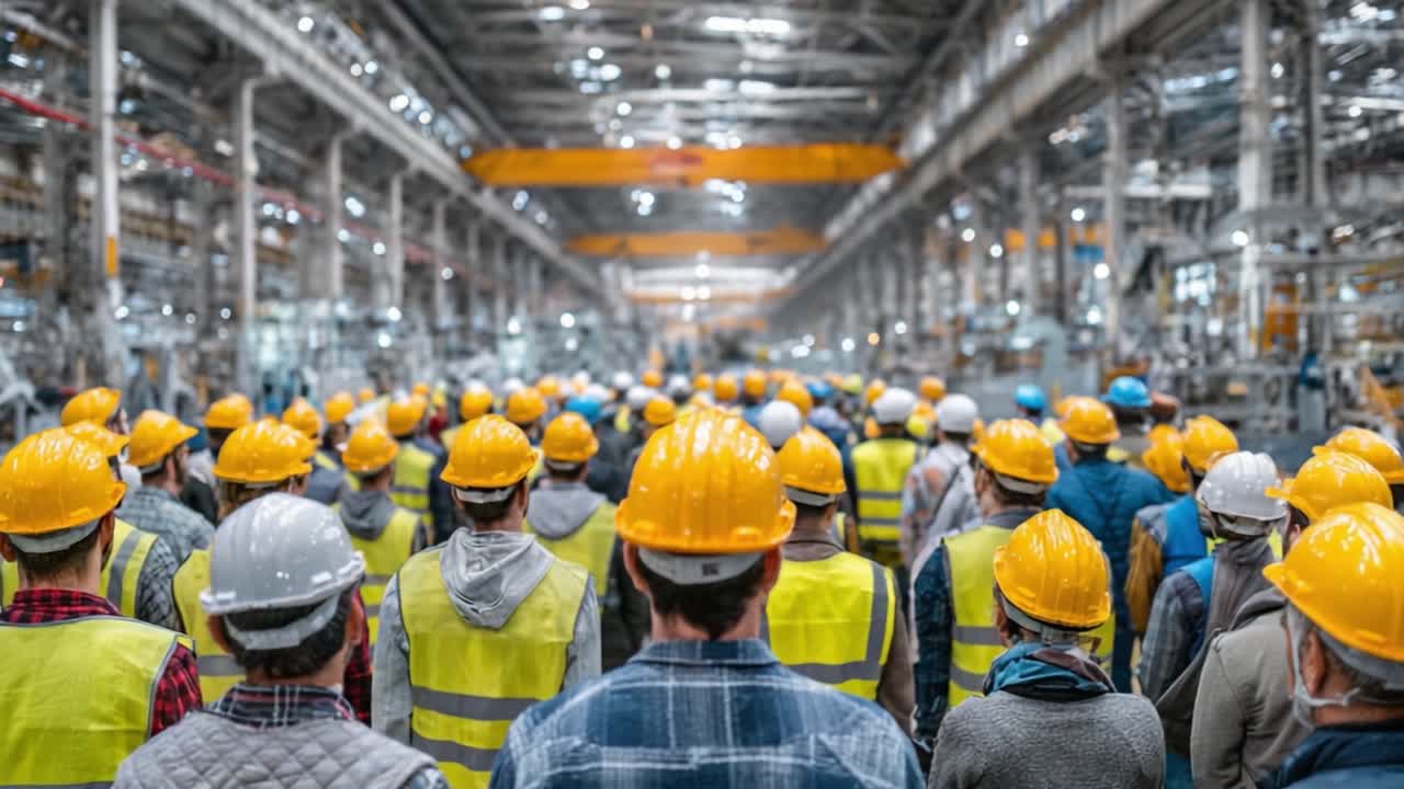Workers in Safety Gear Gather in a Large Industrial Setting, Facing Forward to an Assembly Line or Work Area, Highlighting Safety and Teamwork in Manufacturing