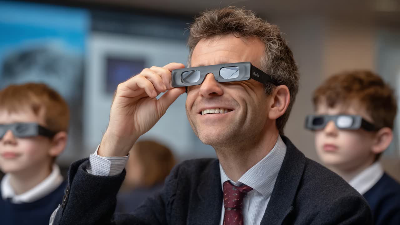 Esperienza coinvolgente in ambito educativo: un uomo con occhiali 3D suscita entusiasmo tra gli studenti in un ambiente di apprendimento incentrato su tecnologia e innovazione
