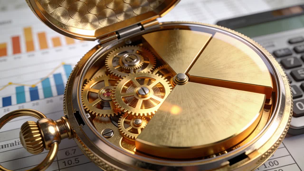 Cámara moviéndose, enfocando un reloj de bolsillo dorado en un escritorio de oficina, destacando engranajes y gráficos.