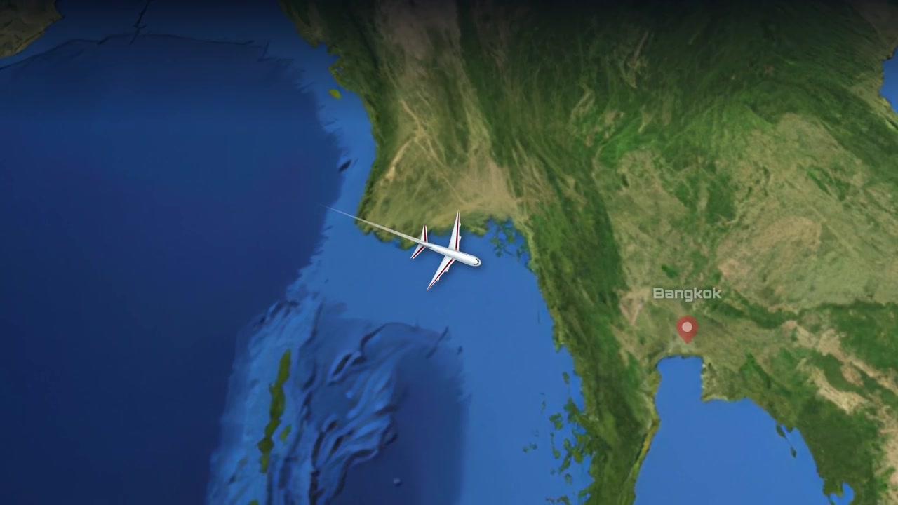 Satellite map animation follows a commercial airplane flying from Dubai across Asia to Bangkok