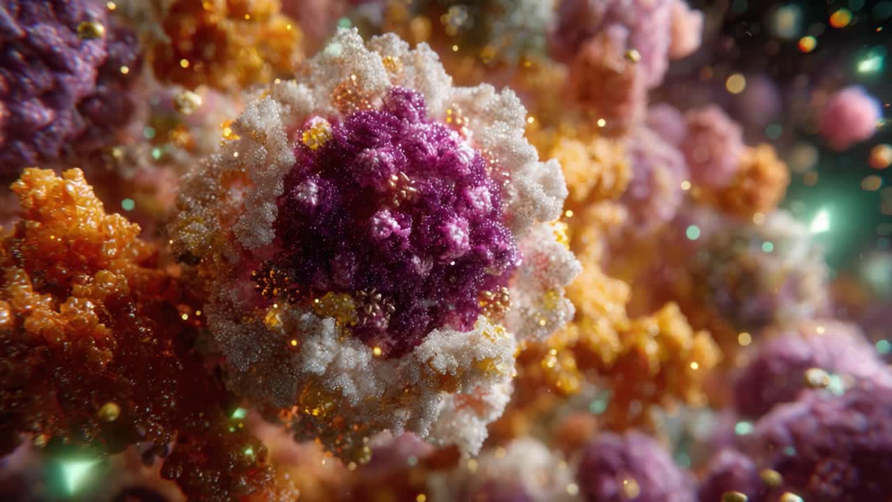 Vivid Abstract Representation of Colorful Microstructures with Intricate Details and Glowing Highlights, Capturing the Beauty of Cellular Forms in a Radiant Atmosphere