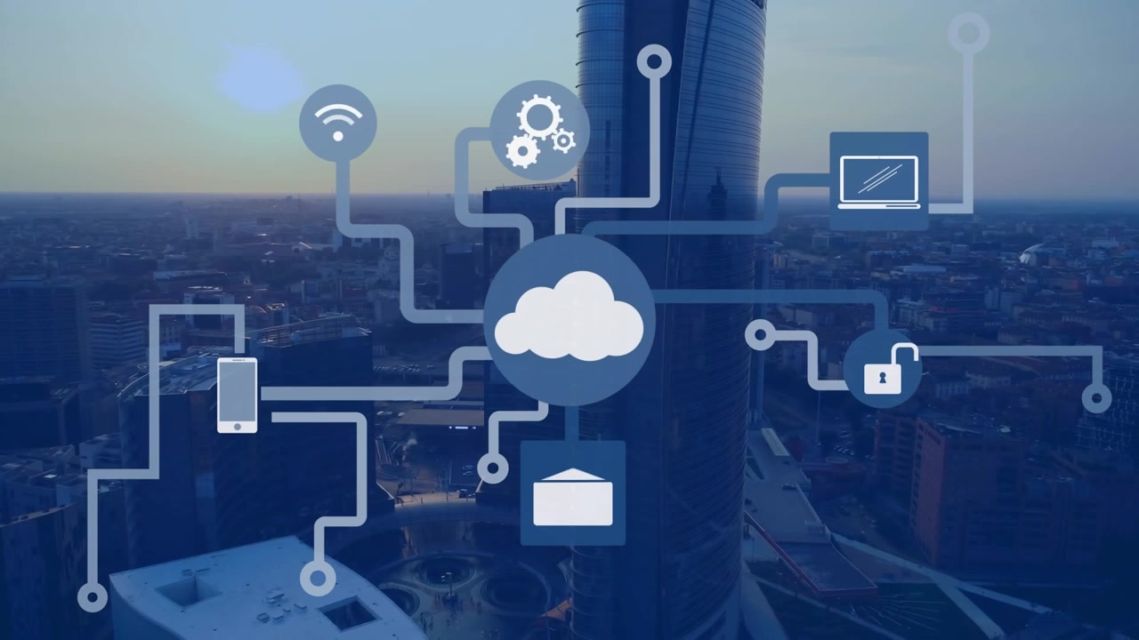 Animation of network of digital icons against aerial view of cityscape