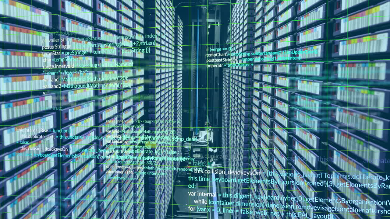 Animation of computer language and grid over data server racks