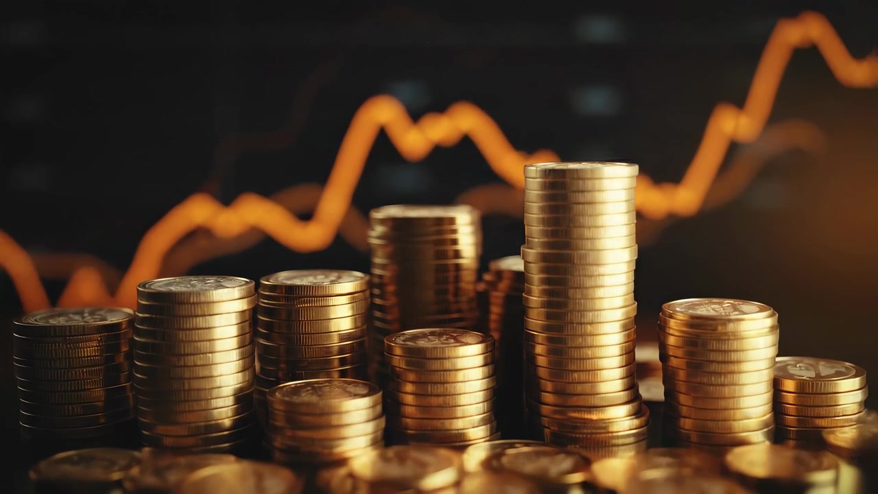 Stabler med gullmynter mot en finansmarkedsgraf