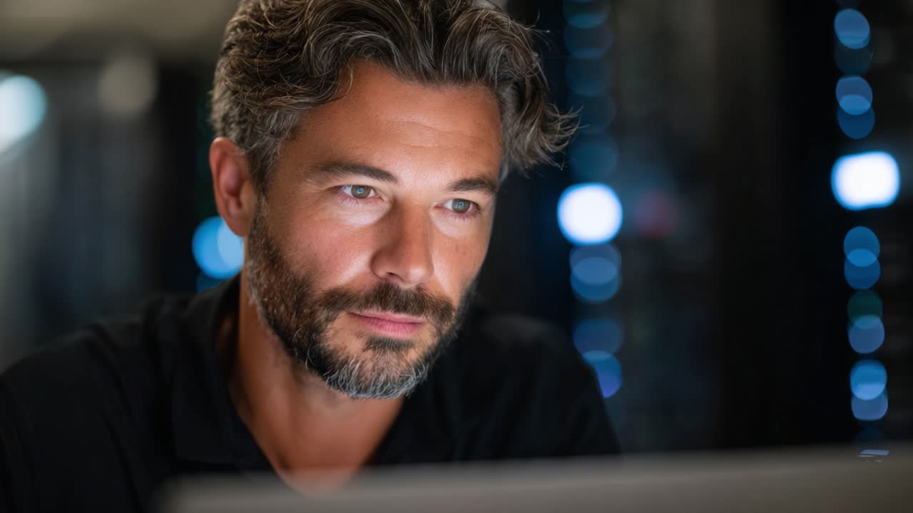 Focused Individual Analyzing Data on a Computer in a Dimly Lit Environment with Server Racks in the Background, Highlighting Modern Technology and Work Culture