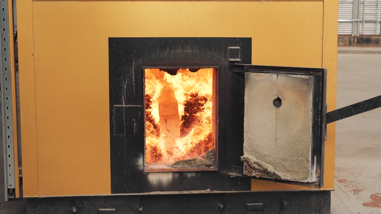 Industrial stove with orange flame. Bright flame in a stove. Combustion of wooden logs