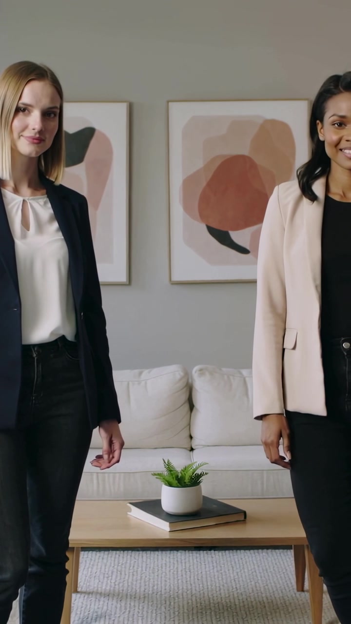 Video verticale: La telecamera si sposta inquadrando due donne che posano in un salotto con divano, indossando blazer.