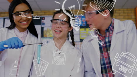 animation of education school icons over diverse school children in laboratory