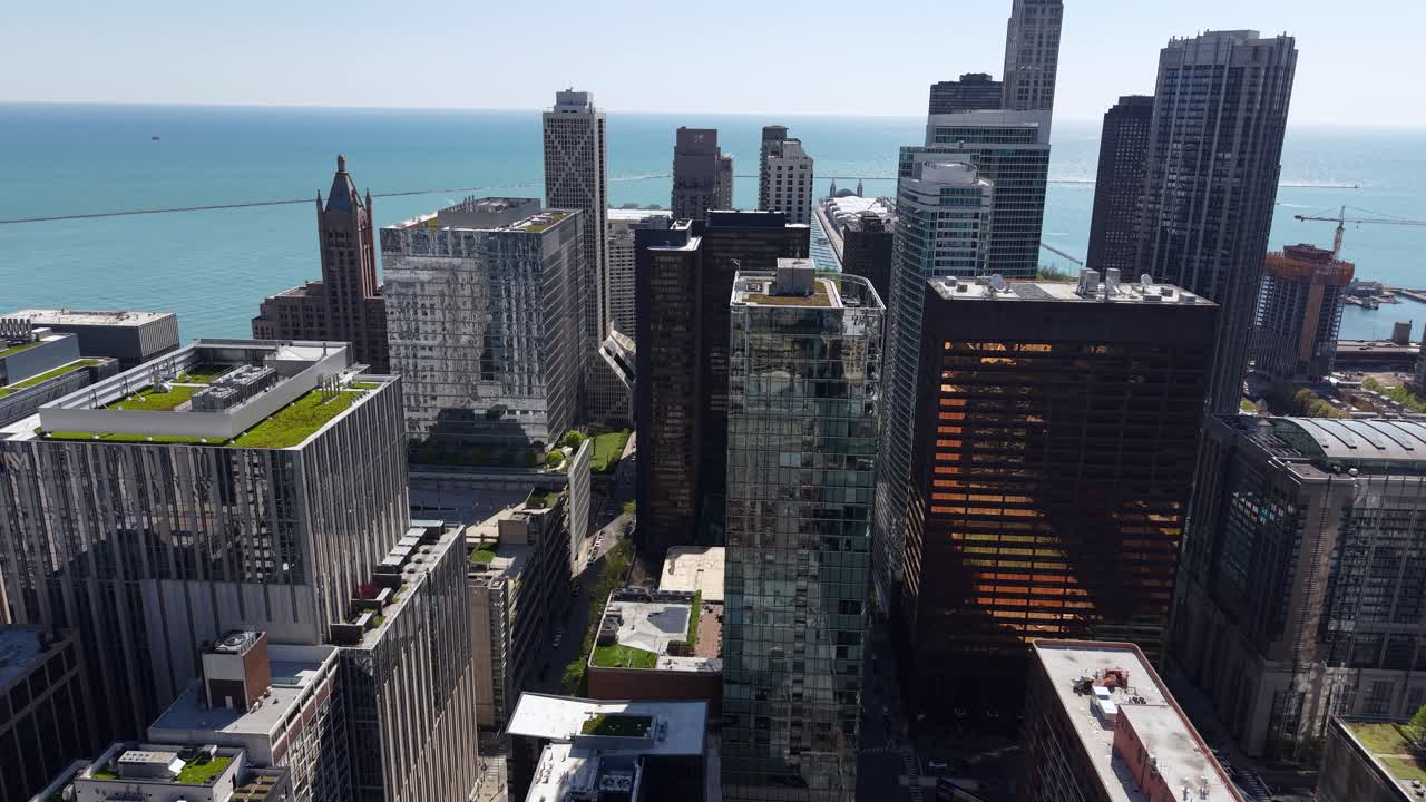Chicago USA Downtown Towers on Sunny Day, Establishing Drone Shot With Navy Pier and Lake Michigan in Background