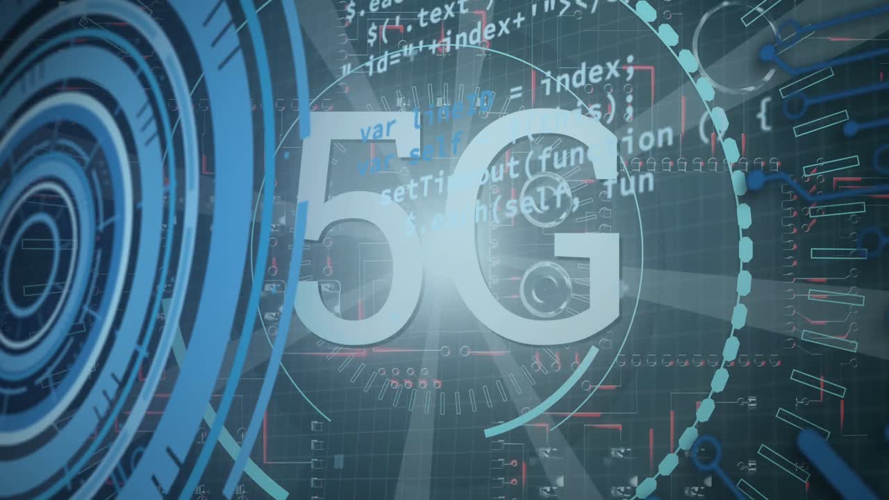 animazione di testo 5g e elaborazione dei dati su sfondo scuro