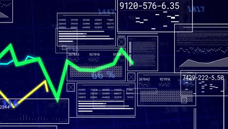 overlaid ui panels being displayed in tech dashboard scene with neon green and yellow line graphs