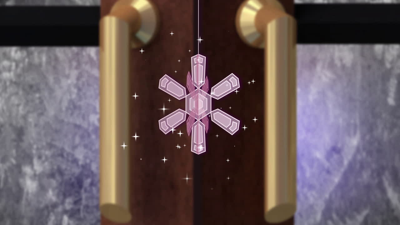 Snowflake animation over wooden door with golden handles