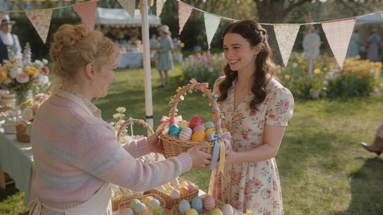 Vendor offering painted egg basket at craft market, customer buying basket, vendor adjusting ribbon
