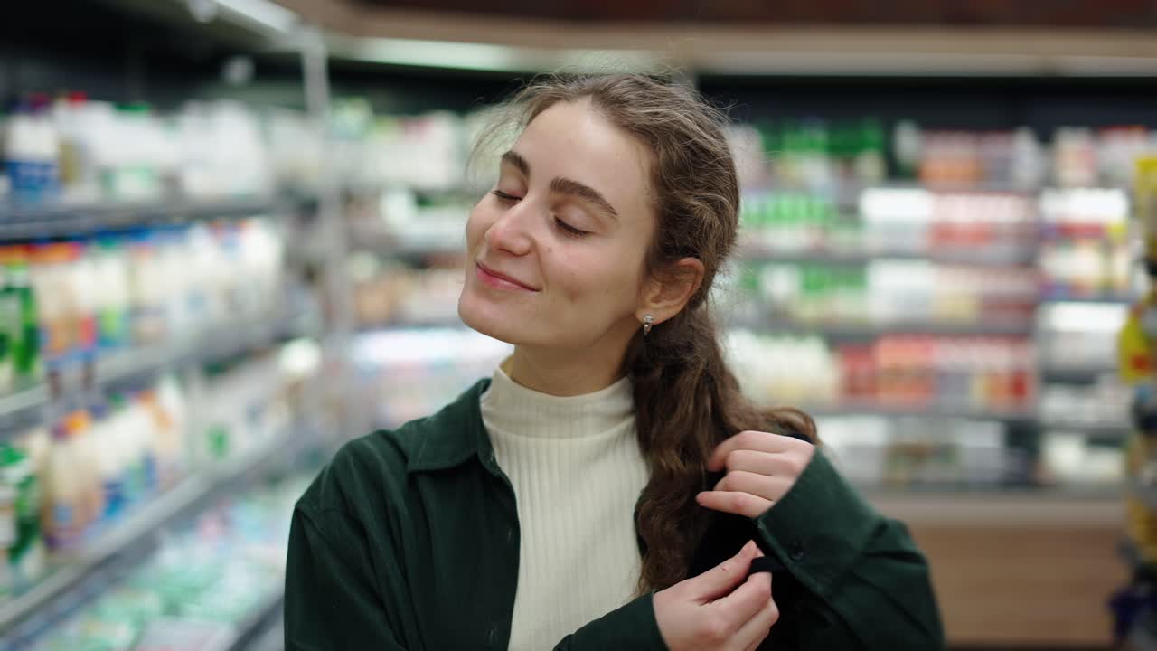 여성 쇼핑객이 코로나바이러스 전염병 기간 동안 보호 마스크를 벗고 구매를 합니다.