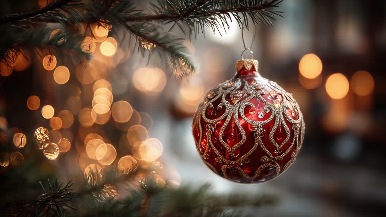 Un bellissimo ornamento festivo appeso a un ramo dell'albero di Natale, scintillante nel caldo bagliore delle luci natalizie in un'accogliente ambientazione stagionale