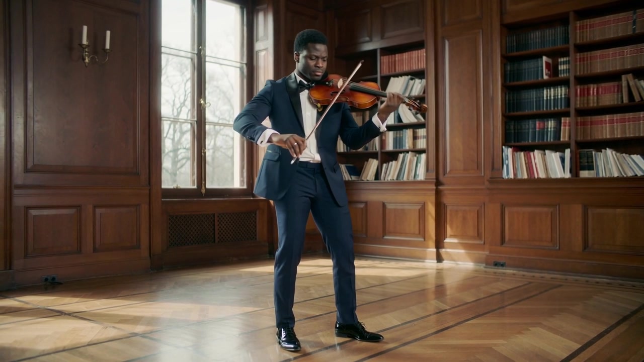 En mand spiller violin i mørkt jakkesæt, fører buen over strengene i et træpanelbeklædt bibliotek og øver.