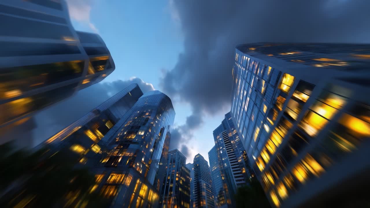 Affascinante transizione del panorama urbano dal crepuscolo alla notte: una vista dinamica di moderni grattacieli illuminati da luci dorate contro un cielo che si oscura