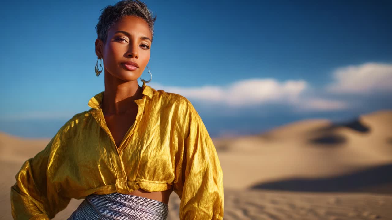 Una donna vestita con un vivace top giallo e una gonna svolazzante cammina con sicurezza attraverso un vasto paesaggio desertico, mettendo in mostra la bellezza sullo sfondo sereno