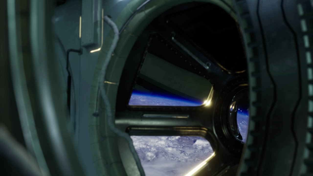 View of earth from a futuristic spacecraft window in low orbit