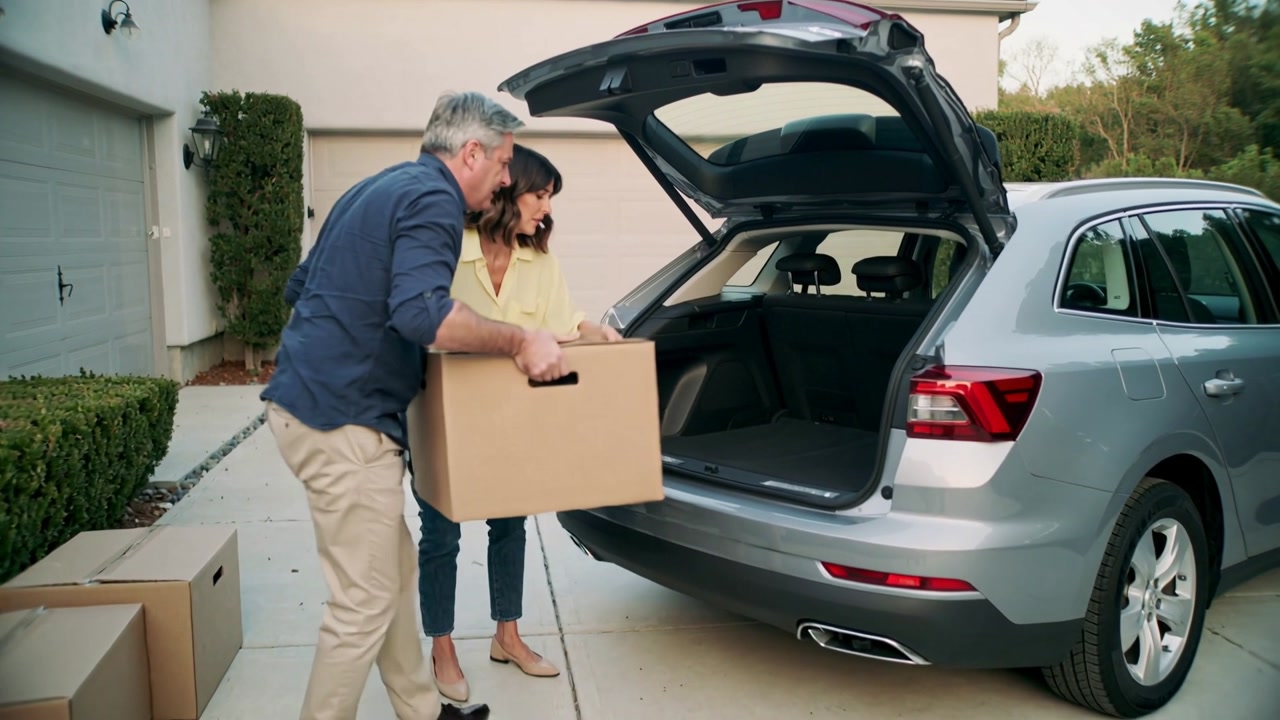 Bending navy-shirted man and yellow-top woman loading box into SUV trunk for moving at driveway