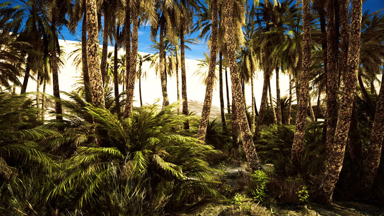 Lush tropical landscape with palm trees and bright blue sky