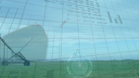 animación del procesamiento de datos estadísticos y bursátiles sobre un paisaje con pastizales verdes