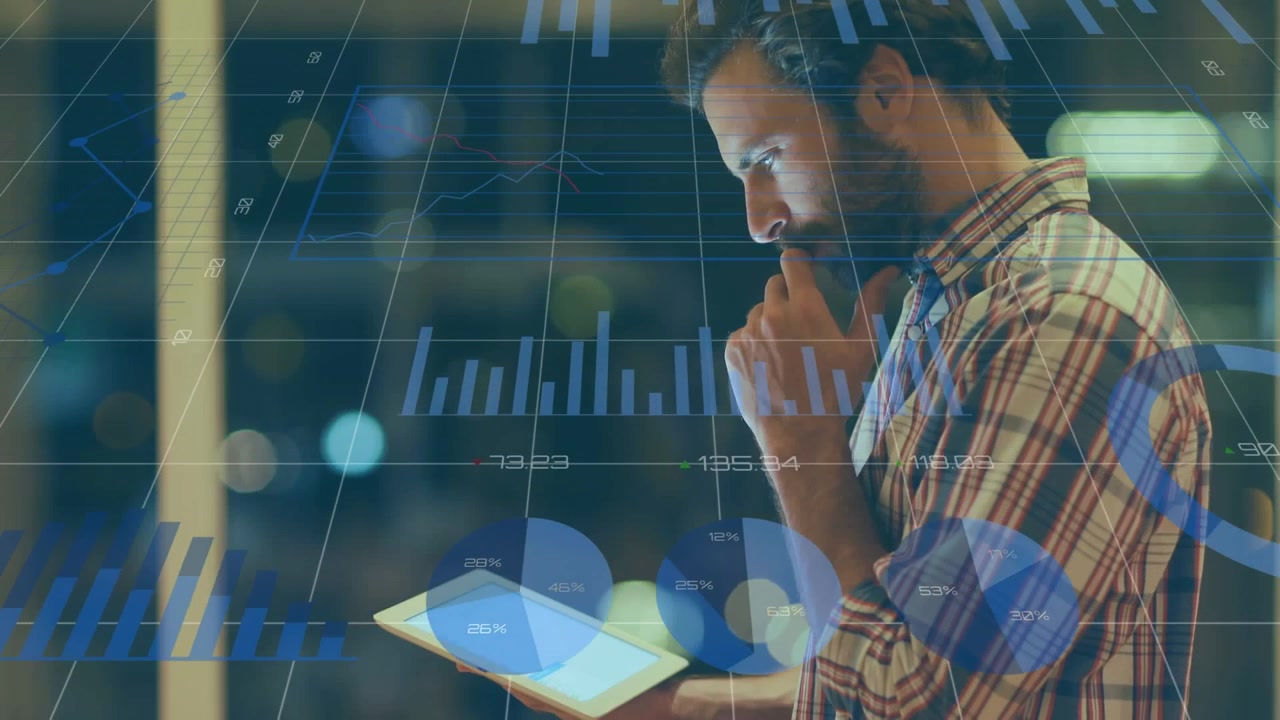 Animation of financial data processing over businessman using tablet