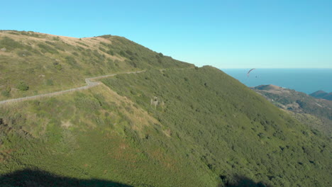 paraglider soars above the sea, foreground of lush hill with mountain road