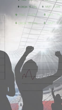 animación de gráficos y procesamiento de datos en la interfaz sobre los aficionados deportivos en el estadio con cielo nublado