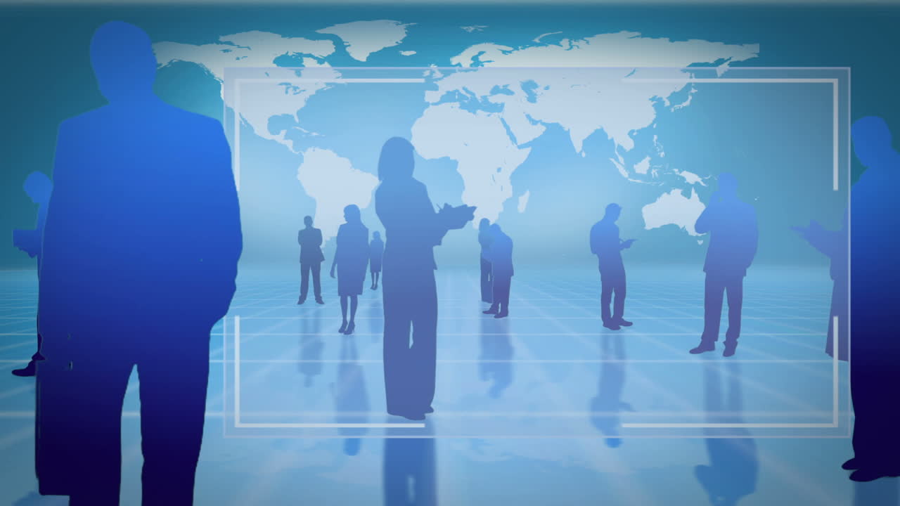 사업가들의 실루을 가진 투명한 스크린