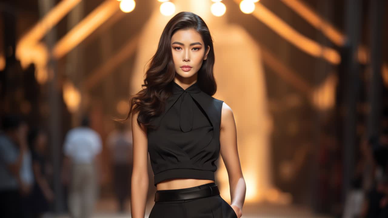 Fashion video concept with a model in elegant attire, shot from a low angle