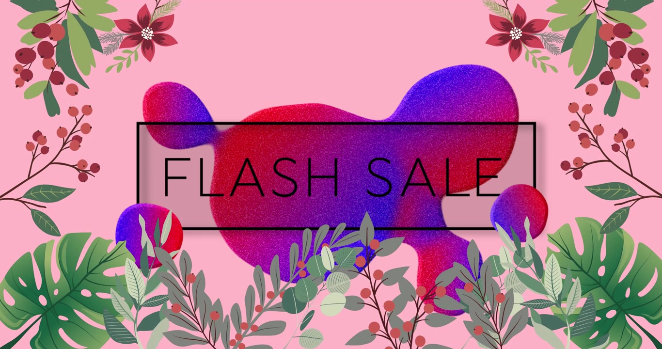 Animation de texte de vente flash dans un cadre sur une forme lumineuse et des fleurs sur fond rose.