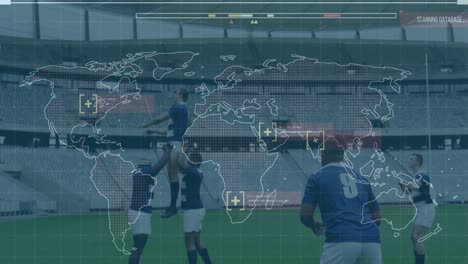 Animation-of-digital-interface-with-world-map-over-football-players