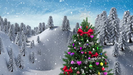 animación de nieve cayendo sobre el árbol de navidad en un paisaje de invierno