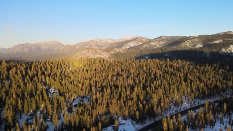 imágenes de drones de gran angular sobre un valle de bosque de pinos nevados iluminado por el sol, lago tahoe sur, estados unidos