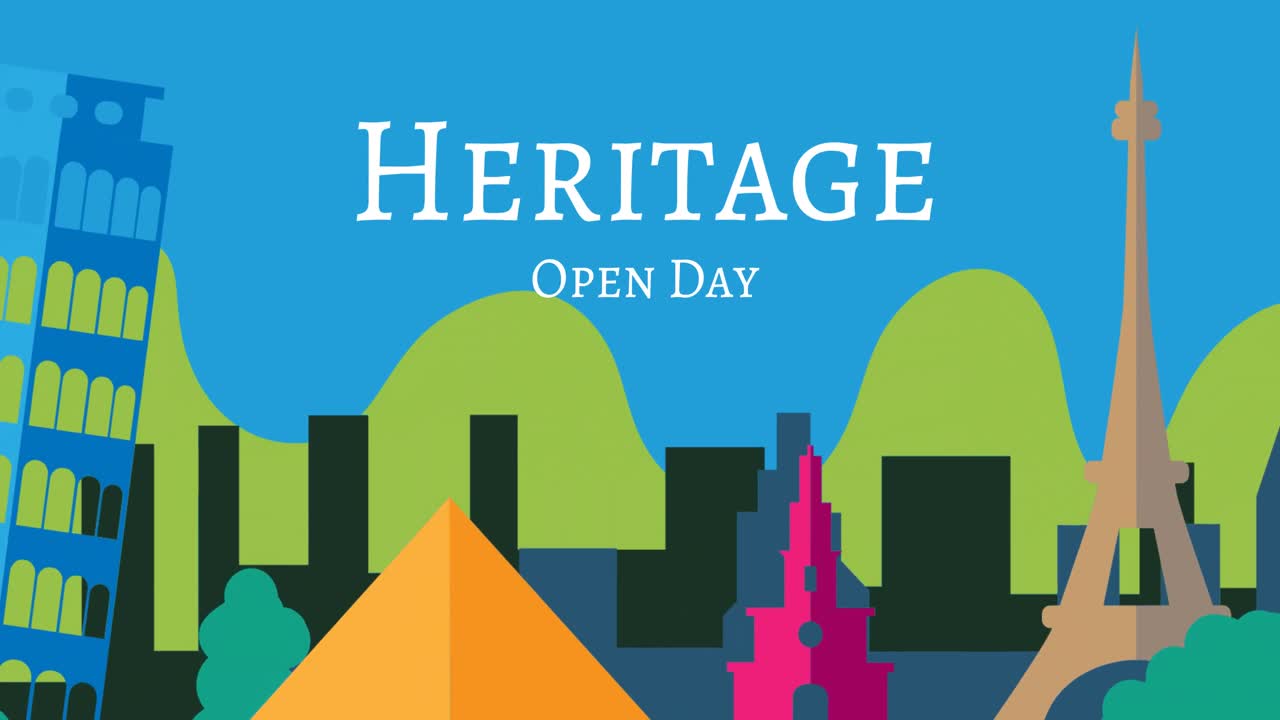 파란색 배경에 랜드마크 위에 유산 개방 날 문자의 애니메이션